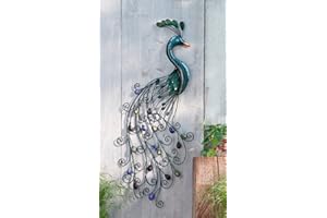 Dekoleidenschaft Wandhänger Pfau aus Metall im Antik Look, 38x92 cm, für Drinnen und Draussen, Balkondeko, Wanddeko, Wandbild, Relief