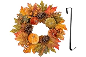 ‎BRIFUL Herbstkranz Künstlich Türkranz, Ø 16"/41CM Kunstkranz Herbst Dekoration Wandkranz mit Kürbis, Ahornblätter und Tannenzapfen für Haustür, Hochzeit, Garten, Fenster, Outdoor