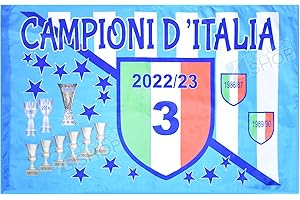 LIGUORO SHOP Bandiera Del Napoli Festa 3° Scudetto Cm 94x140 Calcio Tifosi Azzurri Campione D'Italia Tricolore Trofei Coppe