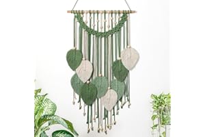 Weldomcor Makramee Wandbehang Wandteppich Kleine Gewerbe Wandbehang Dekor mit Holzperlen und Grün Blätter Makramee Blätter Wandteppich für Boho Deko Wohnung Kinderzimmer Party Dekorationen