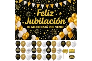 CELEBRATOP Feliz Jubilación Decoracion - Pancarta Jubilación Hombre Mujer 110x80cm Photocall - 30 Globos Telón Fondo Fotocol Español – Accesorios Divertidos – Fiesta Adultos Elegante Cartel Celebración Regalos