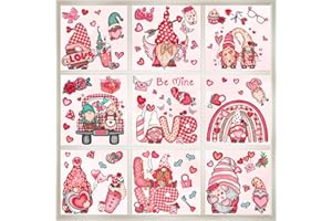 JUNEBRUSHS 9 Sheets Valentine's Day Window Clings Gnomes Love Rose Pink Window Decals Non-Adhesive Electrostatic Valentines Window Clings for Home School Office Decoration Wedding Anniversary Party