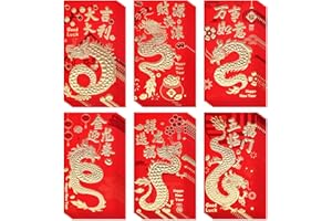 GCCL 6 Patterns 36 Pcs Chinese New Year Red Envelopes 2024-3.5 x 6.7 inch Lucky Dragon Hong Bao Red Pocket Envelope for Money, Embossed Foil Chinese Lunar Envelopes for Spring Festival Wedding Birthday