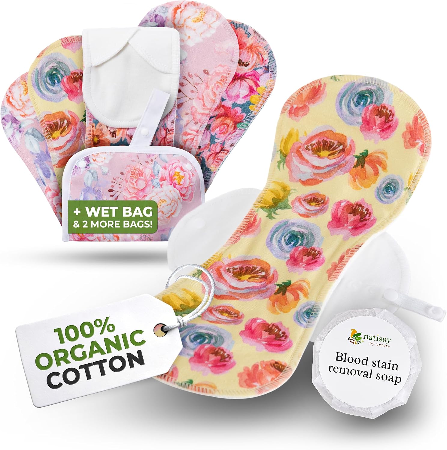 EcoConfort compresas reutilizables en algodón orgánico para flujo abundante e incontinencia (L+XL, 6 uds.); lavables a alta T°; cómodas y no irritantes, compresas de tela para una higiene de mujeres