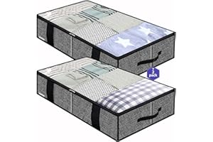 homyfort Bolsas de almacenamiento de tela debajo de la cama,con 4 asas, 2 cremalleras y ventana transparente grande, para ropa, mantas,plegable con estructura resistente, paquete de 2, negro,XAUBBSS2P