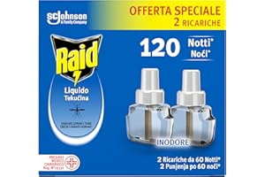 Raid Liquido Elettrico Antizanzare Doppia Ricarica, Inodore, Confezione da 2 Ricariche da 36ml, 120 Notti