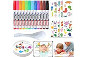 JSHENG Magic Pen Dibujos en el Agua, 12Pcs Rotuladores Agua Magicos, Rotuladores de Agua con Cuchara, 2 Pegatinas para Tatuajes, Rotulador Agua Magico, para Dibujo Graffiti Escritura Pizarra Ropa