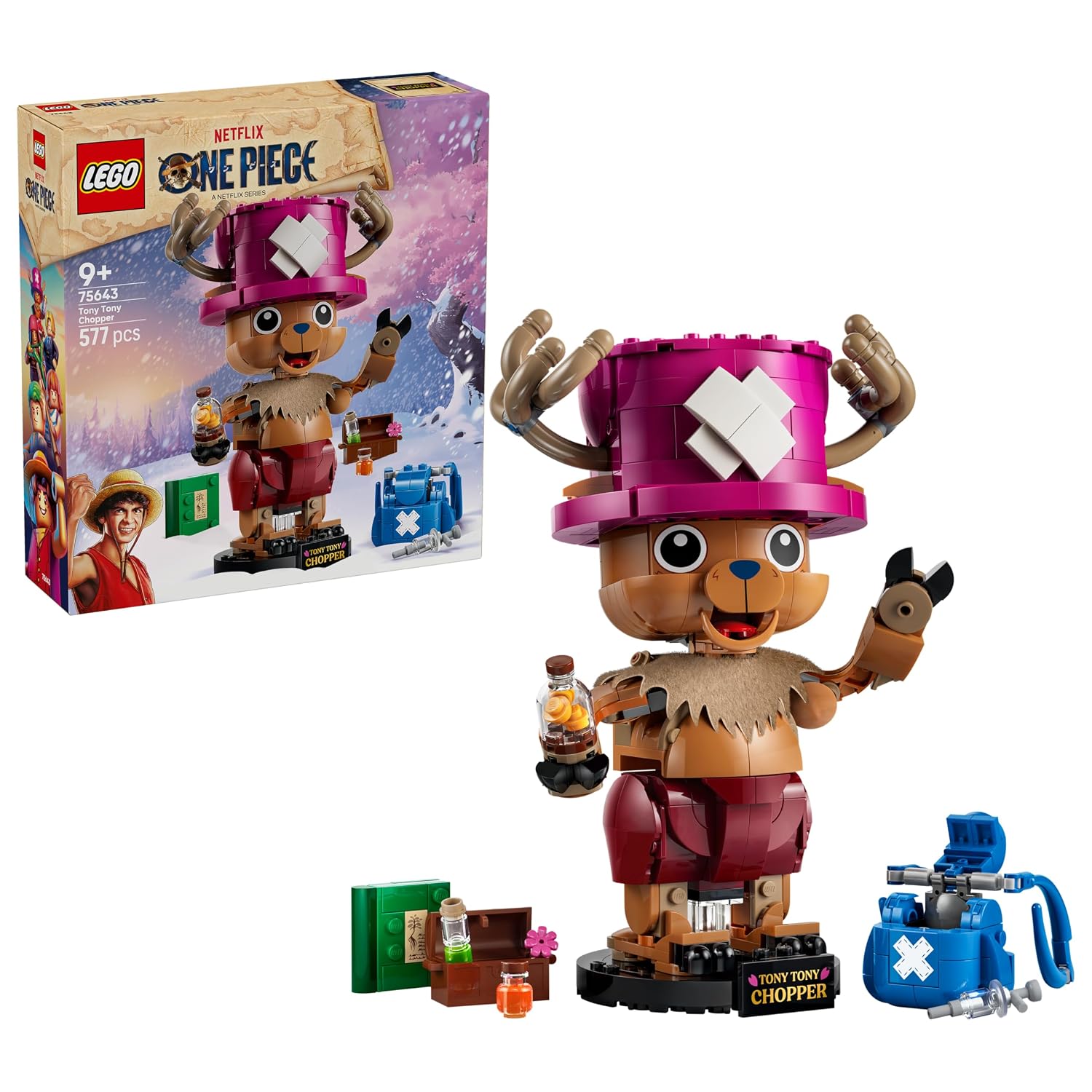 LEGO ONE PIECE Tony Tony Chopper Figuur – Verzamelbaar Speelgoed voor Kinderen met Accessoires – Schattige Kinderkamer Decoratie – Cadeau voor Jongens en Meisjes vanaf 9 Jaar en Fans – 75643