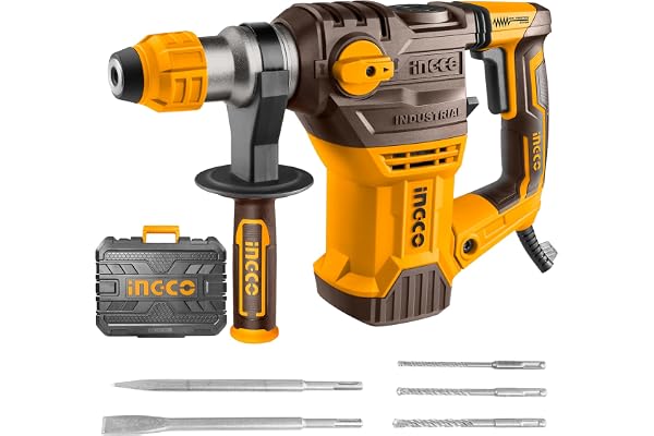 Ingco Hammer Drill Machine, 1500W Rotary Hammer Drill Machine Heavy Duty Grip Handle Concrete Metal And Woodworking For Home & Industrial Use, Yellow,Brown