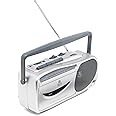 GPO 9401 Retro Portable AM/FM Radio and Cassette Player, Tape Recorder with Built-In Microphone, Headphone Jack, Push Button Record, Rotary Tuning, Silver