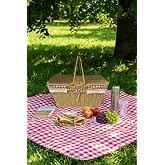 BUFFER 2 Kapaklı Dikd&ouml;rtgen Hasır G&ouml;r&uuml;n&uuml;ml&uuml; Piknik Sepeti, Plastik Rattan, Doğal Renk, Dantel ve Ekose Detaylı, 38.5x26x18 cm