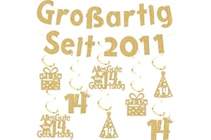 TASORAOR Deko 14 Geburtstag Girlande Junge Mädchen - Goldene 14. Geburtstagsdeko Banner und Hängende Wirbel, Glitzer Geburtstagsgirlande für 14 Jahre Kindergeburtstag Dekoration