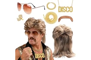Funnity 7 Stück Vokuhila perücke herren 70er 80er 90er Jahre Outfit Accessoires Hip Hop Party Kostüm Kit mit Brille Bart Halskette Ring und Armband für Karneval Fasching Halloween
