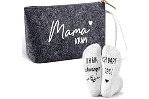 Jadive 2 Stück Geschenkset für Werdende Mütter Mama Kram Kosmetiktasche aus Filz mit Reißverschluss Schwangerschaft rutschfeste Socken für Neue Mama Frauen Babyparty Verkünden (Mittelgrau, Weiß)