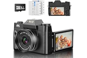 TOIAUAHA Digital Camera AutoFocus 4K 56MP UHD Vlogging Camera with 16X Digital Zoom 3.0 Inch Compact Camera with 180 Degree Rotation Flip Screen Camera for Beginners Adults 32GB Micro SD Card & 2 Batteries