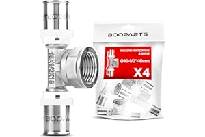 BOOPARTS – Set 4 Pezzi – Raccordo a T a Pressare Ø16-1/2"F-Ø16 Filetto Femmina 1/2" con Dado Fisso | Tee Multistrato Profilo TH in Ottone Nichelato