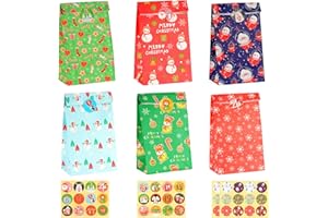 CHEPULA 24Pcs Christmas Bags for Gift with Advent Calendar Stickers, Paper Xmas Party Bag, Small Kraft Goody Favour Candy Snack Bag Gift Return Bag