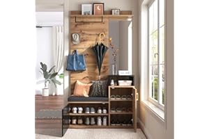 ZYLOYAL10 Garderoben-Set,mit 4 Kleiderhaken, Spiegel, Schuhschrank, Wandgarderobe, oberes Ablagefach, Flurgarderobe Sitzbank