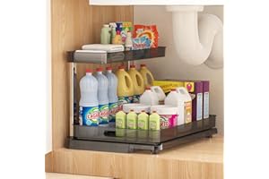 Accwork Under Sink Storage, 2 Tier Under Sink Kitchen Organiser with Pull-Out Bottom Basket, Cupboard Organiser for Bathroom Kitchen Storage & Organisation, Grey