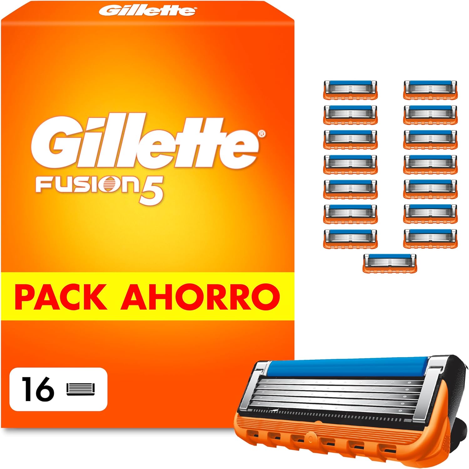 Gillette Fusion5 Recambios para Maquinillas de Afeitar, Pack de 16 Cuchillas de Afeitar con 5 Hojas, Banda de Gel Lubricante Y Recortadora de Precisión