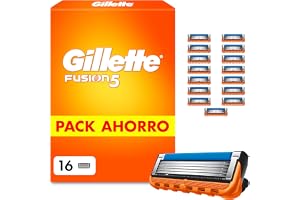 Gillette Fusion5 Cuchillas de Afeitar Hombre, Pack de 16 | Recambios para Maquinillas de Afeitar con 5 Hojas, Banda de Gel Lubricante Y Recortadora de Precisión
