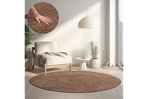 HomebyHome Rug, Round, High Pile 160 cm Round, Shaggy Rug, Living Room, Mocha, Extra Soft and Fluffy, Washable Long Pile Rugs for Bedroom, Kitchen, Hallway, Carpet, Halı, Kilim