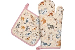 Arquiel Gants De Four & Maniques Lot De 2, 100% Coton Maniques Cuisine Gant Four Anti Chaleur Extra-Longue pour Barbecue, Cuisine, Griller, Micro-Ondes(Chat de Dessin animé)