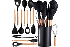 Retoo Küchenhelfer Set 12-teiliges Kochutensilien Silikon Antihaftbeschichtet Hitzebeständiger Kochbesteck mit Utensilienhalter Aufbewahrungsbehälter Holzgriff Hitzebeständiges Schwarz