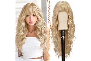 ‎BARSDAR BARSDAR Lange Perücke Blonde mit Pony, 66cm Lange Gewellte Perücke mit Pony für Frauen Synthetische Haar Perücken Natürliches Aussehen Täglich Cosplay Party Halloween