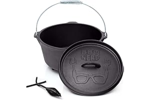 ‎BBQ NERD BBQ-Nerd Dutch Oven "Starter" 7,2L mit Füßen - bereits eingebrannt - preseasoned - Gusseisen Feuertopf, Bräter mit Deckel inkl. Deckelheber - Feuerfester Grill & Camping Kochtopf, Grilltopf