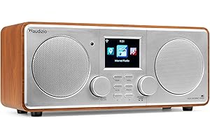 Audizio Foza - Radio WiFi Internet con Dab+ FM Bluetooth 5.0 USB AUX y Pantalla TFT 2.8” a Color, Altavoces estéreo, Mando a Distancia, Entrada Auriculares y diseño Elegante Color Plateada y Madera