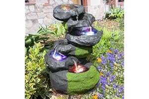 AMUR GARTENBRUNNEN BRUNNEN ZIERBRUNNEN VOGELBAD Wasserfall VOGELTRÄNKE GARTENLEUCHTE TEICHPUMPE GARTENDEKO, FELS-Kaskade geschwungen mit Pumpe und 4 RGB LED-Licht-230V (V012)