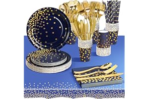 AIPartywar 226 Pcs Piezas Azul Oscuro Dorado Cumpleaños Vajilla de Fiesta, Platos y Vaso Cumpleaños Infantil, Juego de vajilla para Fiestas Platos Vasos Servilletas Cubiertos -25 Invitado