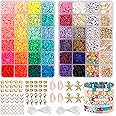 Quefe Clay Heishi Beads Bracelet Making Kit for Beginners, 5000pcs 36 Colors Polymer Flat Round Clay Beads Kit with 240pcs Letter Beads, Pendant Charms and Elastic Strings for Crafts