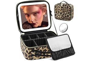HMGGOOFA Makeup Bag with Light Up Mirror, Lighted Travel Makeup Case Organizer, Makeup Bag with Mirror and Light 3 Color Adjustable Brightness, Travel Makeup Train Case Portable Cosmetic Bag for Women(Leopard)