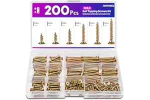 ANVINKU 200PCS Screws for Wood, M3.5 Wood Screws Assortment, Color Zinc Self Tapping Screw, Countersunk Screw Set for Furniture Repairs