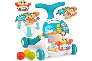 Chodzik, pchacz, interaktywny, stolik edukacyjny, 5w1, Ricokids, biało-niebieski