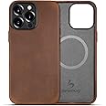 Belemay Compatible with iPhone 13 Pro Leather Case Magsafe - Top Grain Vintage Crazy Horse Leather - Metal Buttons & Camera Bezel Bump - Slim Fit & Soft - Premium Phone Cover (6.1-inch) Retro Brown