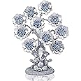 HDCRYSTALGIFTS Evil Eye Gifts Flowers Lucky Artificial Tree with Silver Ganesha Statue Hindu Elephant God Home Office Feng Shui Protection Ornament Sculpture Table Room Decor