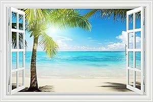 Lichi 3D Fake Window Wall Sticker Mural Decal of Beach Coconut Tree View Scenery Sunshine