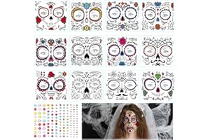 LGZIN 12 Fogli Halloween Tatuaggi Temporanei, Halloween Tattoos Adesivi Trucco, Halloween Temporaneo Tattoos Adesivi, Tatuaggi temporanei per Il Viso di Halloween, per il giorno dei morti