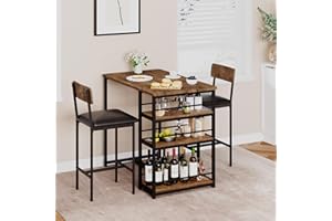 HAUSPROFI Bartisch mit Barhocker Set, Stehtisch mit 2 Barhockern und 3 Seitenregalen 3 TLG. Esstisch Set Küchentisch Sitzgruppe Industriell für Esszimmer, Küche, Wohnzimmer, Vintagebraun