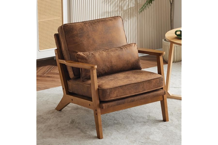 Bonnlo Accent Chair, Soild Wood Padding Lounge Armchairs, Occasional Reading Chair with Cushions and Lumbar Pillow, Armchairs for Living Room, Bedroom, Guest Room (Brown-Wide Arm, Microfiber)