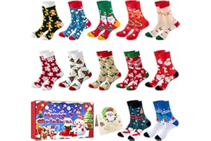 AITSITE 12 paires de Chaussettes de Noël pour Femmes et Hommes, Chaussettes Couces, Chaussettes de Noël, Motif de Noël Intéressant, Chaussettes en coton, Chaussettes de lit Chaudes d'hiver