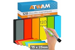 ATWAM 120 Étiquettes Magnétiques Effaçables & Inscriptibles - 75 x 25mm - 6 Couleurs - Scrum & Kanban - Lot de 120 aimants pour Tableau Blanc, Tableau magnétique, Tableau magnétique et réfrigérateur