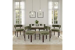 COLAMY Wooden Dining Chairs Set of 6, Fabric Chairs for Dining Room with Open Curved Backrest and Thick Seat Cushion, Upholstered Kitchen Chair with Anti-Slip Pads, Green