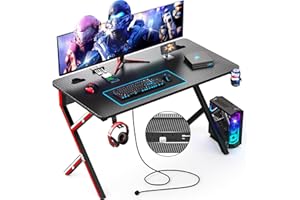 Yornoli Gaming Desk with Power Outlets 110cm Computer Desk with Cup Holder Black Gaming Table with Headphone Hook for Home and Office