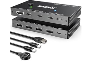 KCEVE Przełącznik USB-C KVM, 2 porty KVM Type-C Switcher Box Support 4K@60Hz dla 2 komputerów Udostępniaj klawiaturę, mysz i monitor, obsługuje szybkie ładowanie 100W PD