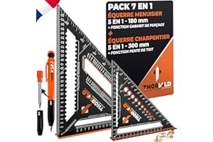 THORVALD Pack 7 en 1 Equerre Menuisier 180 mm + Charpentier 300 mm + Crayon Chantier - Multifonction : Trusquin/Raporteur/Pente de toit/Equerre a chapeau - Aluminium - Outil pour gagner du temps
