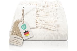 ‎GRÄFENSTAYN Gräfenstayn Premium Tagesdecke mit Fransen - 100% Baumwolle - 220 x 240 cm XXL - Fischgrätenmuster Sommerdecke - Baumwolldecke als Bett-Überwurf, Couch-Überwurf, Sofa-Decke (Creme)